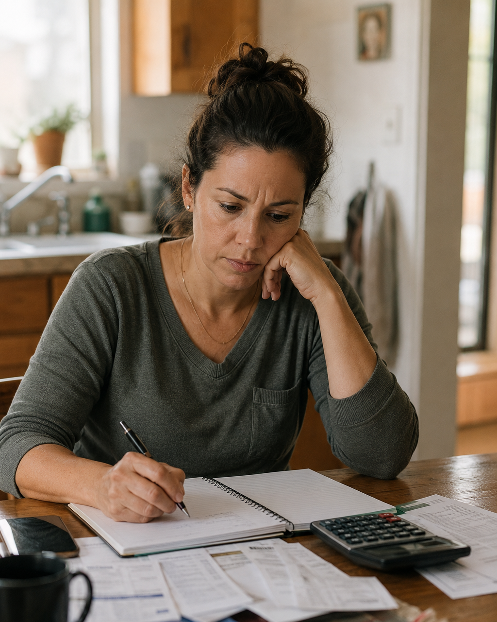 A woman sitting at a kitchen table with bills and a notebook.