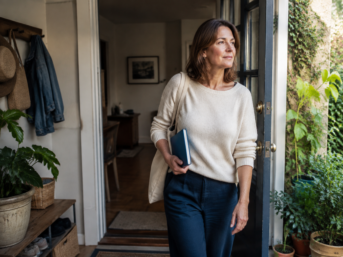 A woman stepping through her doorway into a new morning.