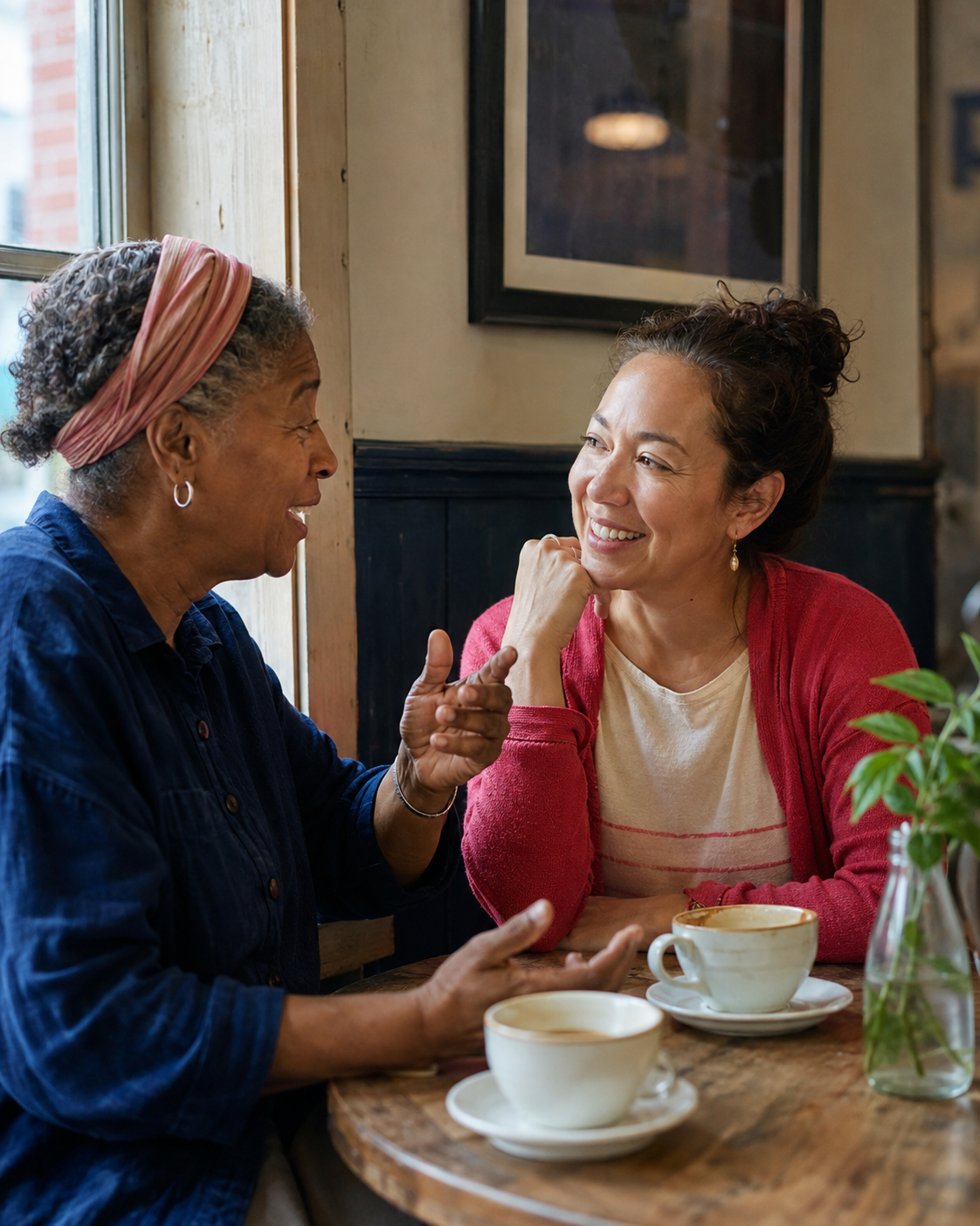 Two women from different generations sharing coffee and conversation.
