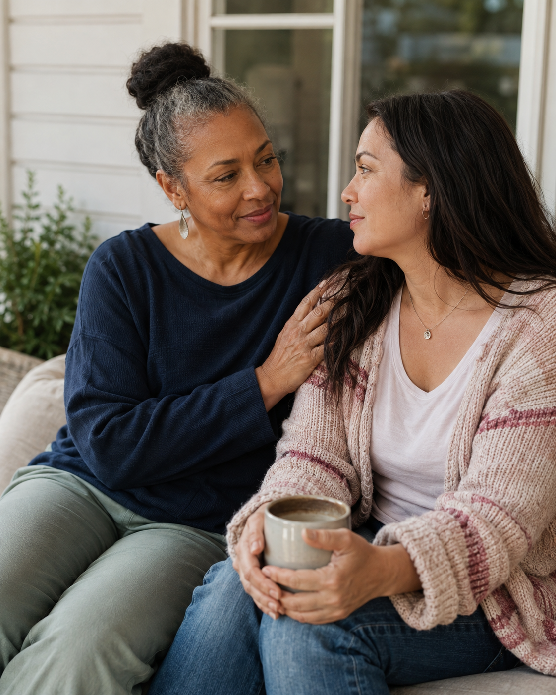 Two friends sharing a quiet, supportive moment.