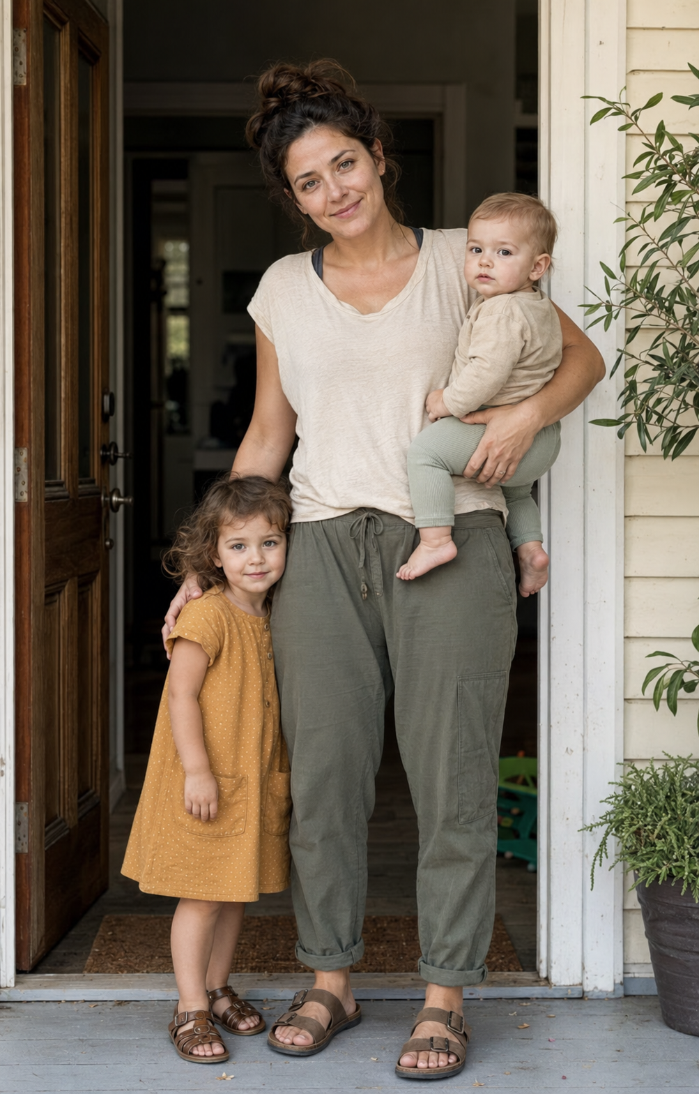 A mother standing with a baby on her hip and a young child at her side.