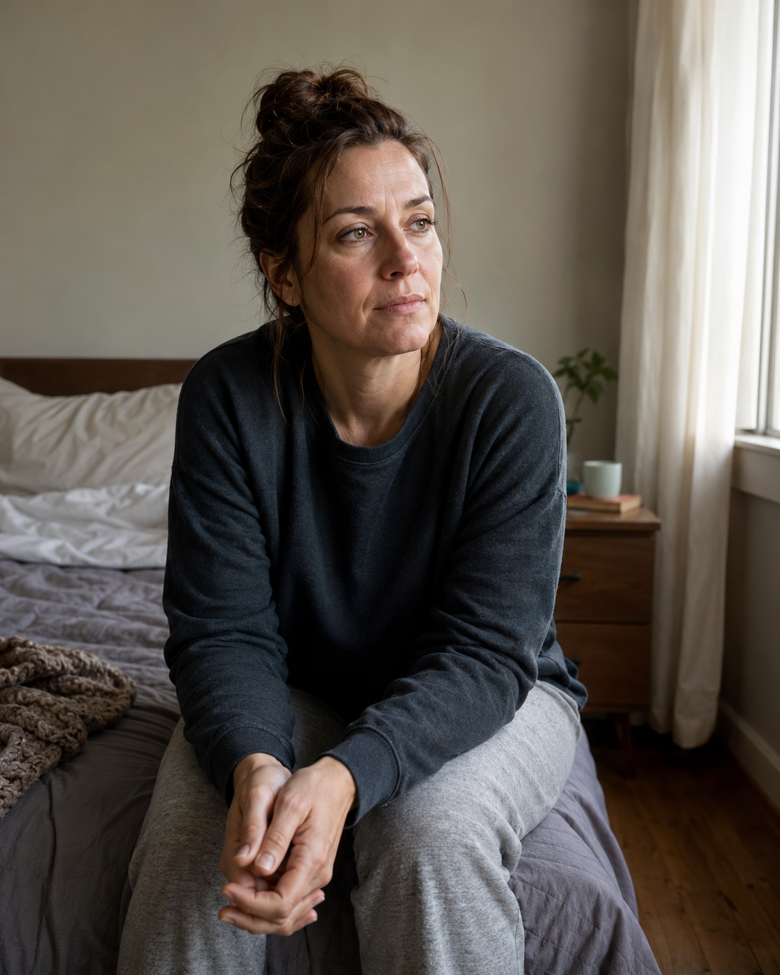 A young woman sitting quietly in a safe room while recovering from harm.