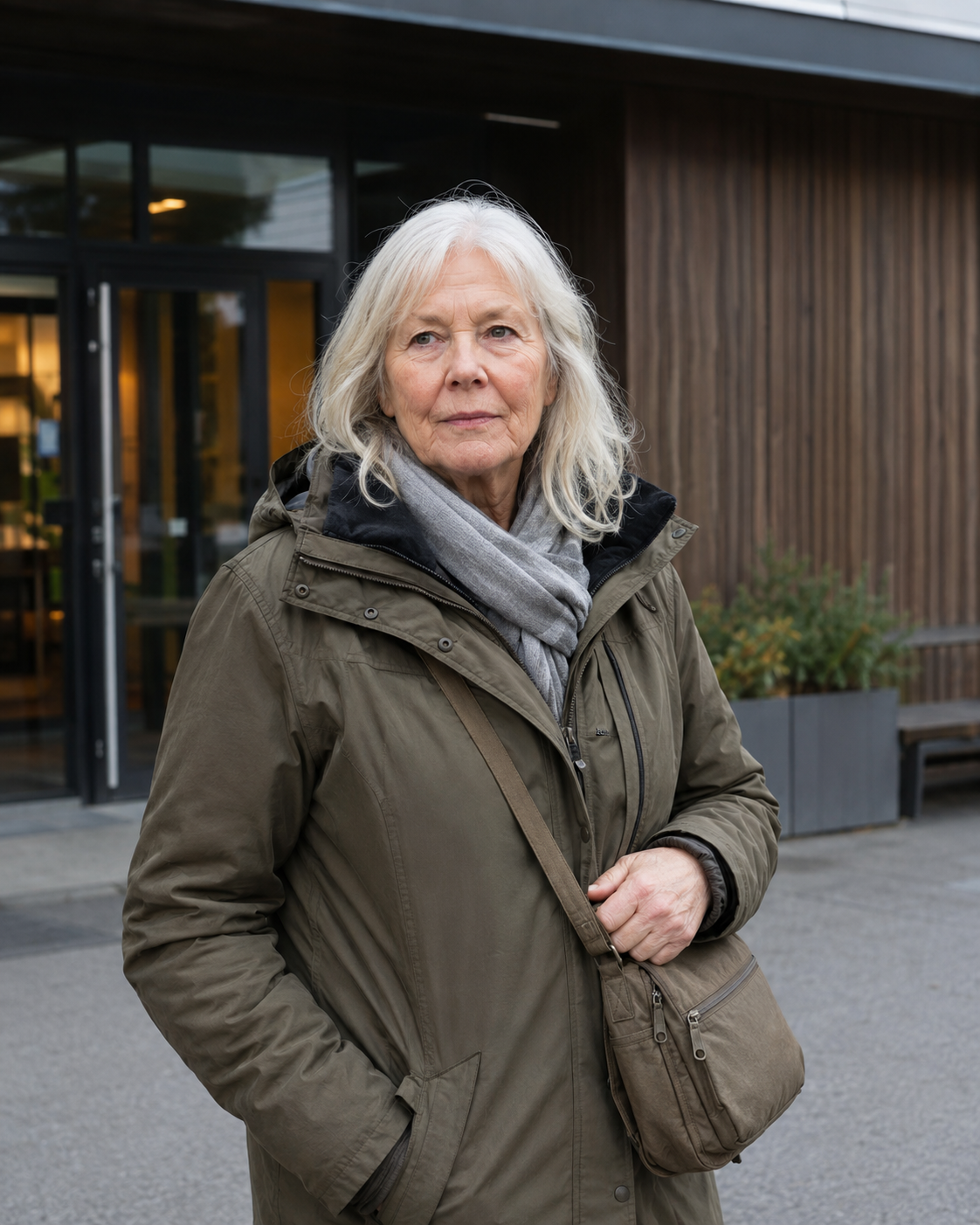 An older Nordic woman bundled warmly outside a community resource center.