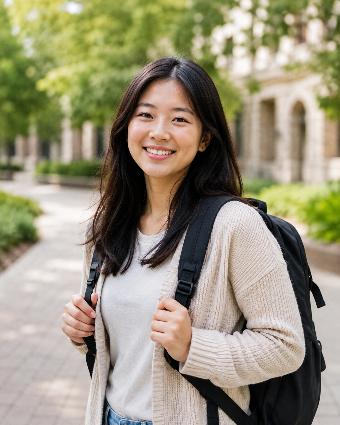 A smiling East Asian college student standing outdoors with her backpack.