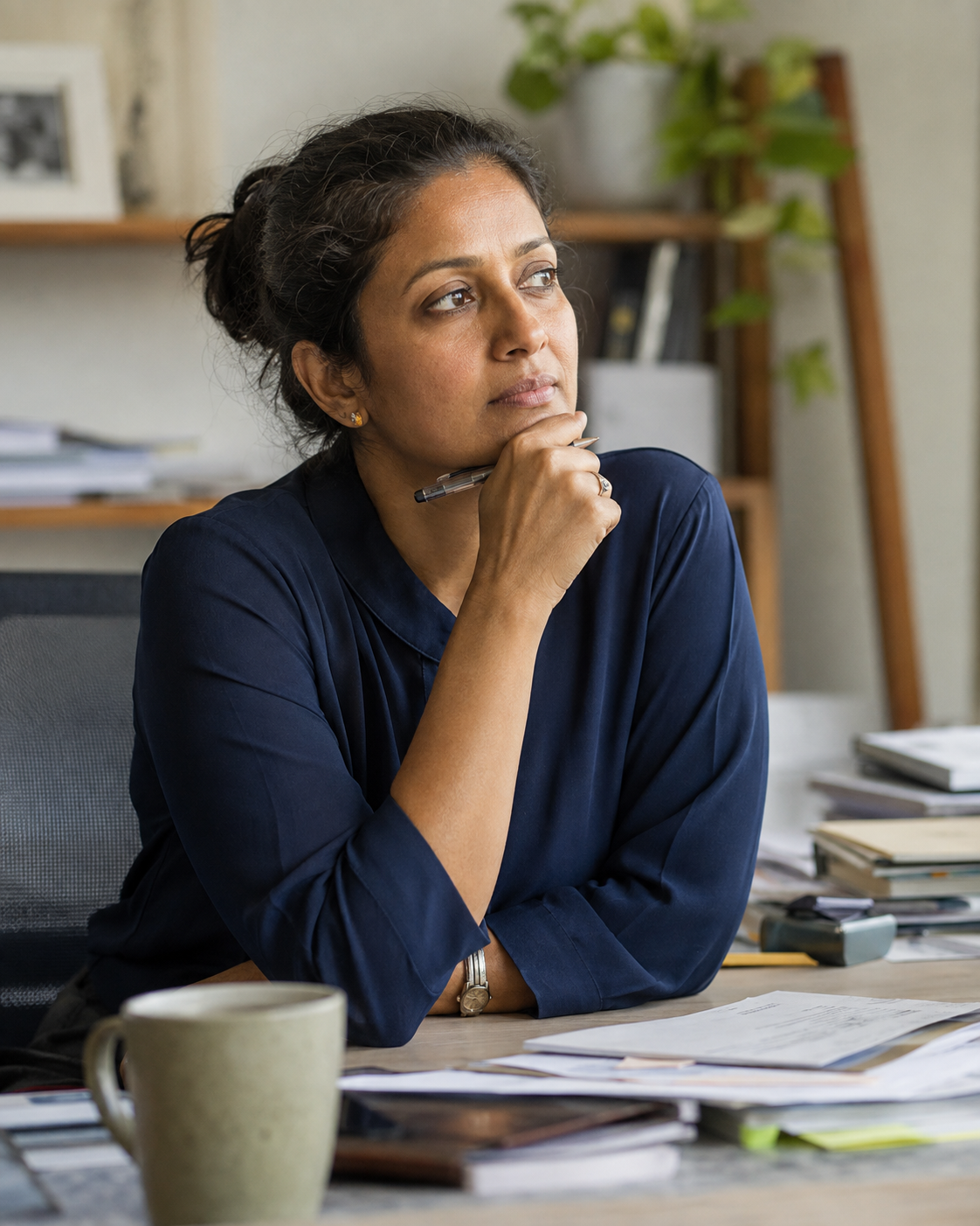 A South Asian professional woman pausing at a desk under visible pressure.
